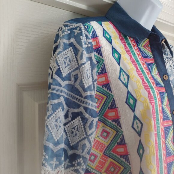 John Mark  Embroidered Patch Lacey Colorful Button L-Sleeve Shirt S - Picture 7 of 15